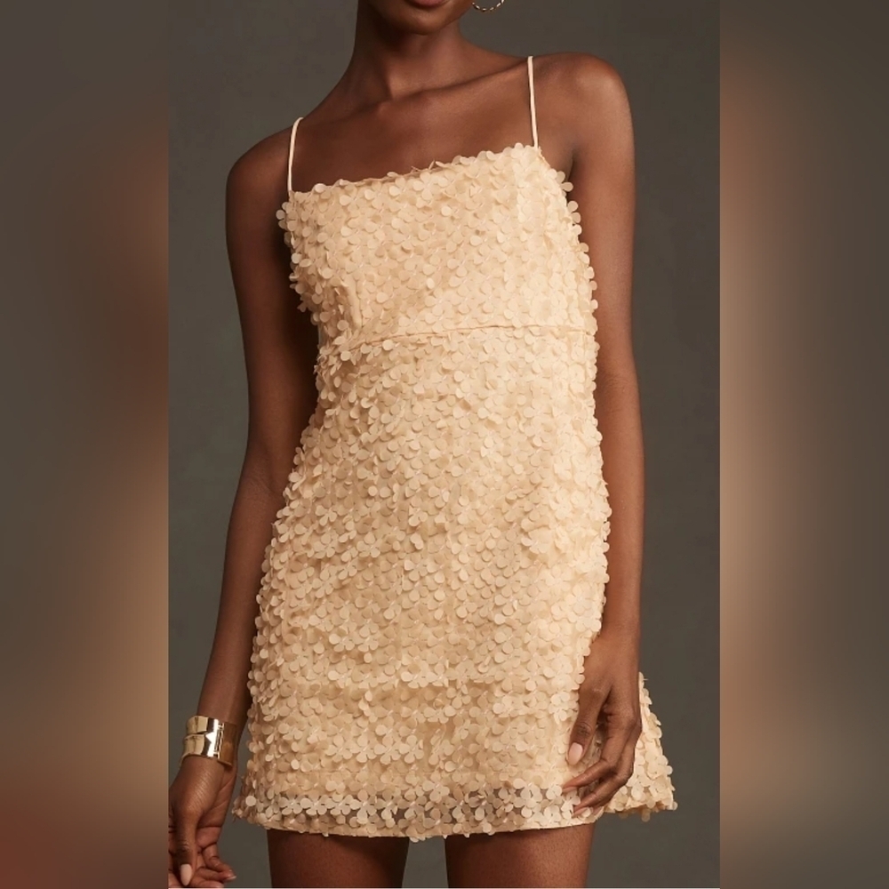 By Anthropologie 3D Floral Embellished Mini Dress with Pockets, Peach Color, XL